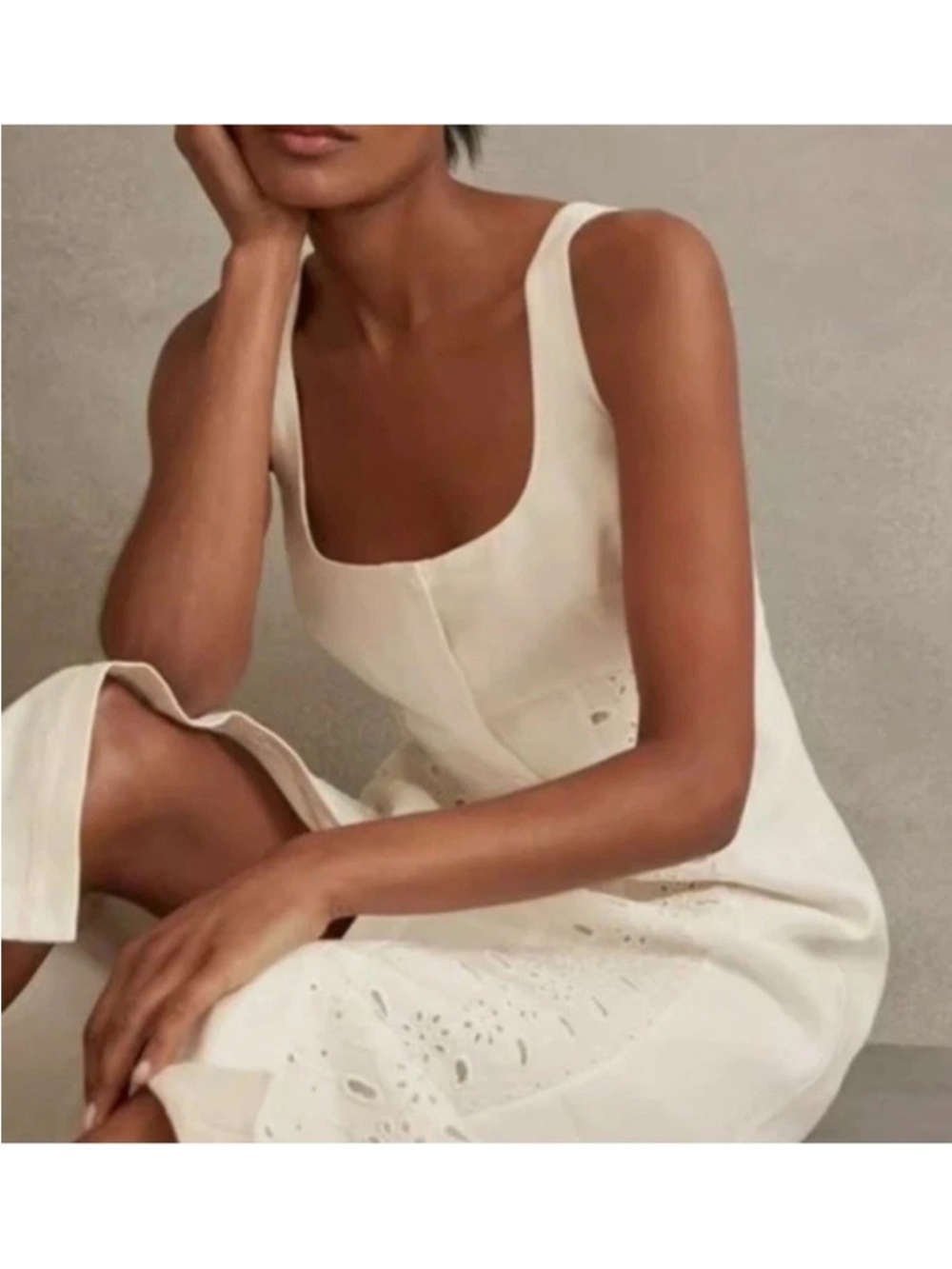 REISS Clarise Embroidered Eyelet Linen Midi Dress Size 6 Ivory White Graduation